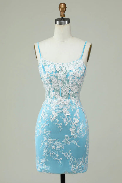 Amzcw Light Blue Sheath Spaghetti Straps Short Homecoming Dress with Appliques