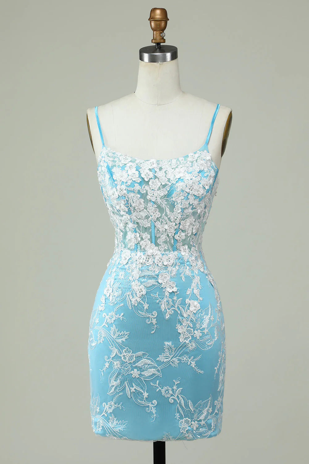 Amzcw Light Blue Sheath Spaghetti Straps Short Homecoming Dress with Appliques
