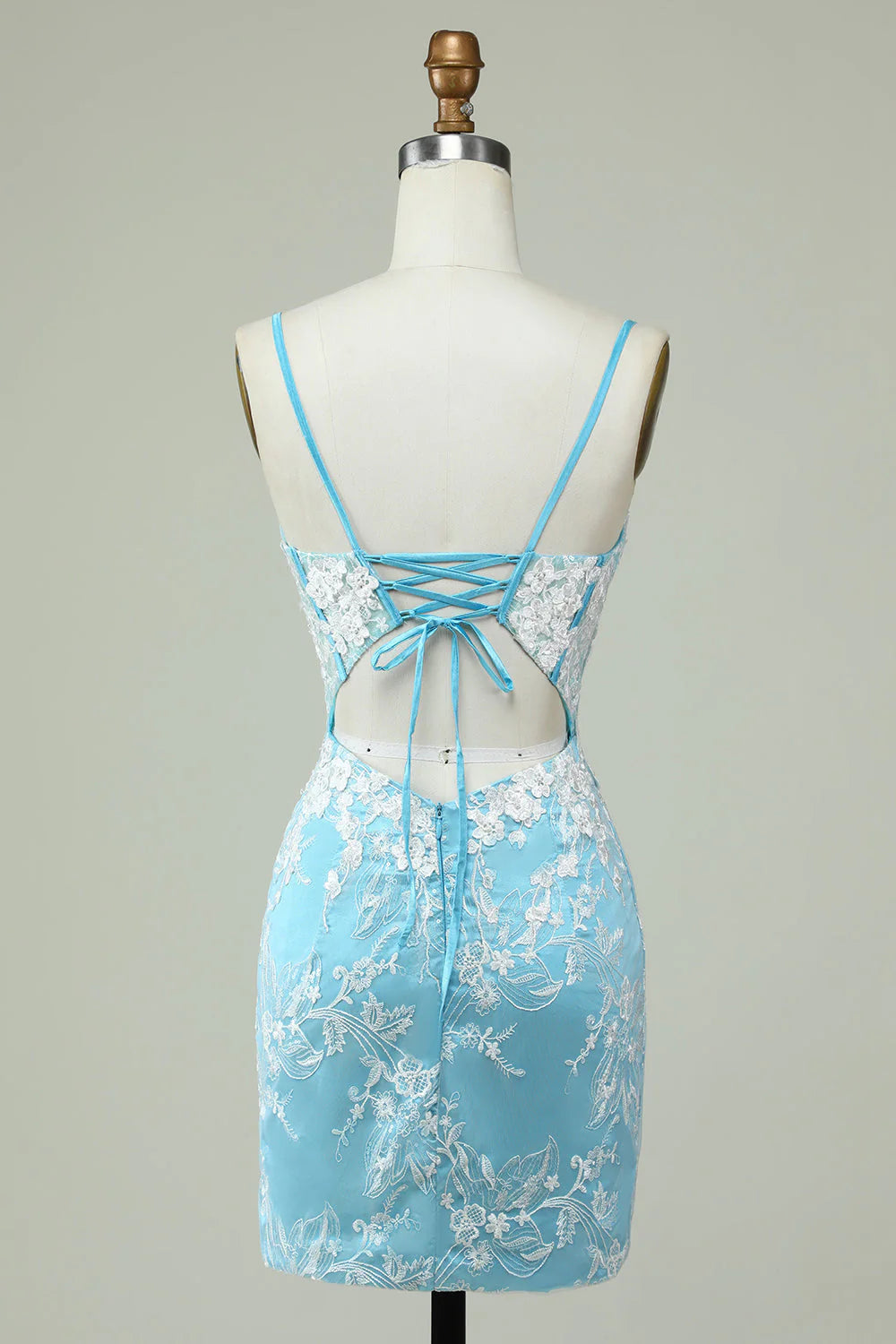 Amzcw Light Blue Sheath Spaghetti Straps Short Homecoming Dress with Appliques