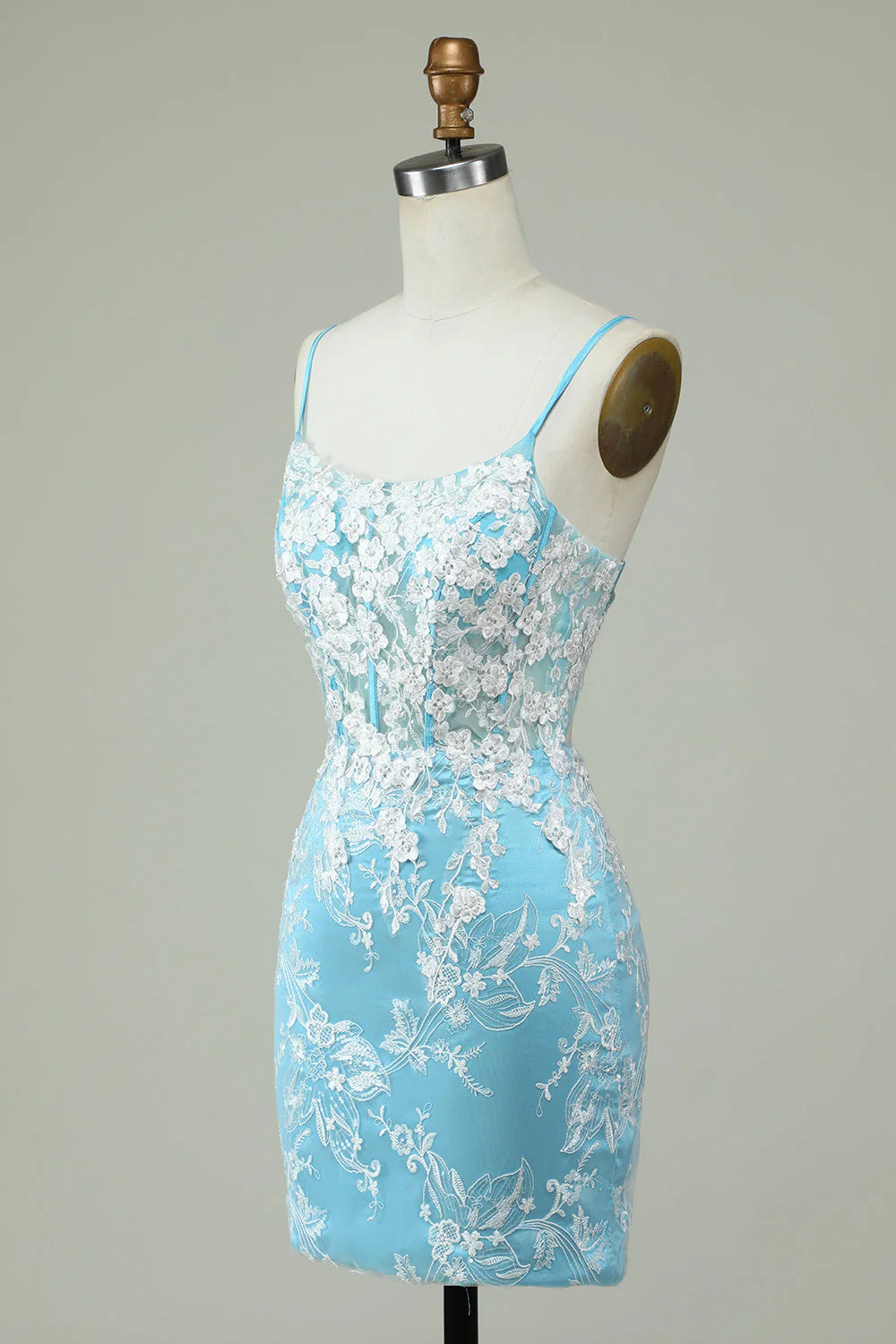 Amzcw Light Blue Sheath Spaghetti Straps Short Homecoming Dress with Appliques