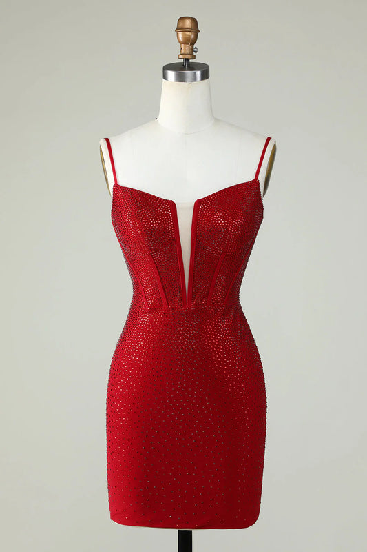 Amzcw Sheath Spaghetti Straps Red Short Homecoming Dress with Beading