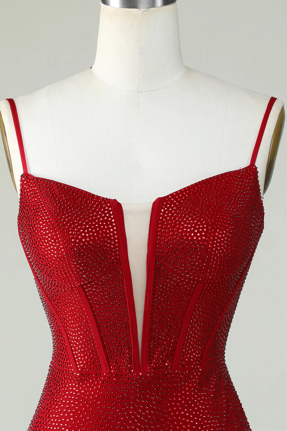 Amzcw Sheath Spaghetti Straps Red Short Homecoming Dress with Beading