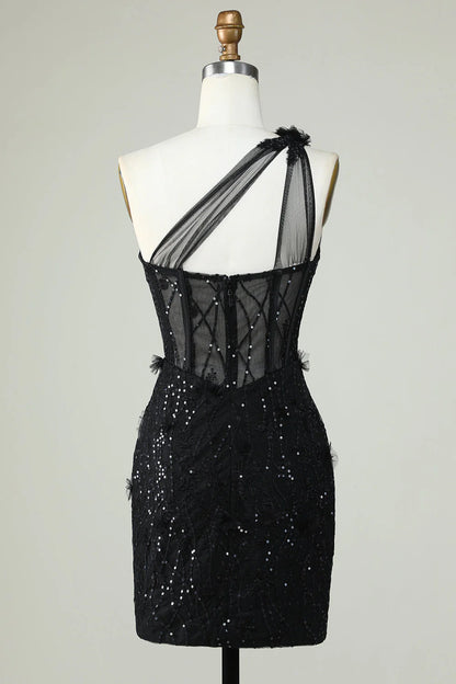 Amzcw Black Bodycon One Shoulder Corset Short Homecoming Dress with Appliques