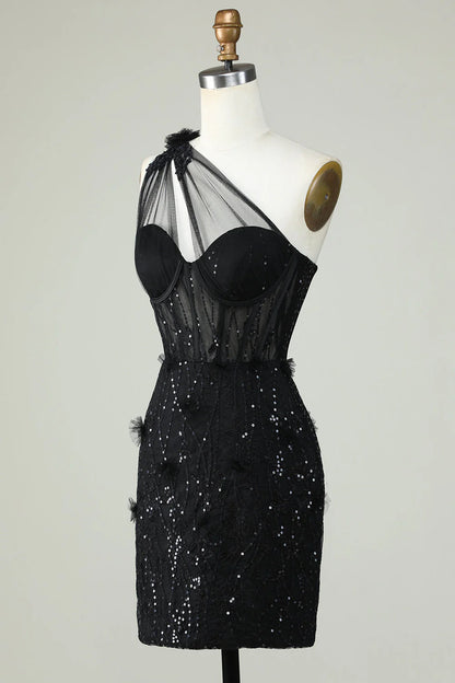 Amzcw Black Bodycon One Shoulder Corset Short Homecoming Dress with Appliques