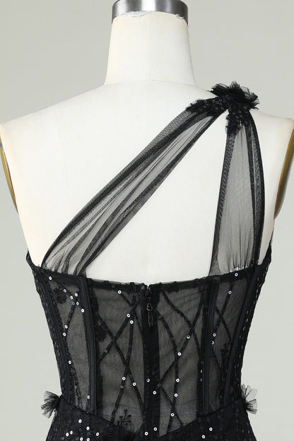 Amzcw Black Bodycon One Shoulder Corset Short Homecoming Dress with Appliques