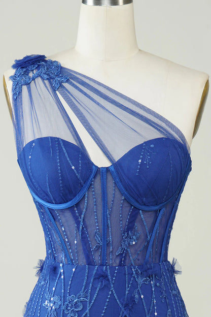 Amzcw Royal Blue Unique Sheath One Shoulder Short Homecoming Dress with Appliques