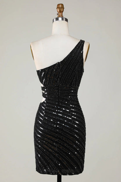 Amzcw Sparkly Bodycon One Shoulder Black Sequins Short Homecoming Dress with Cut Out