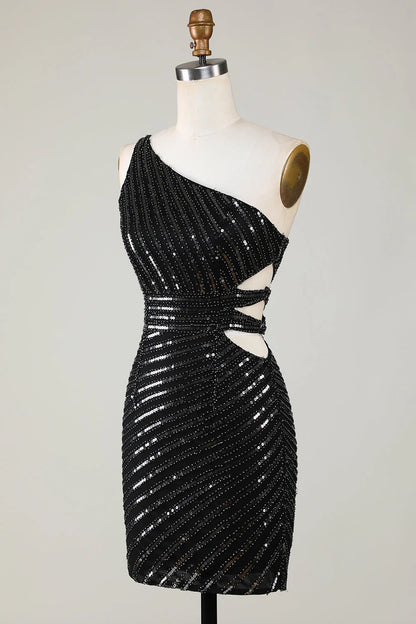 Amzcw Sparkly Bodycon One Shoulder Black Sequins Short Homecoming Dress with Cut Out