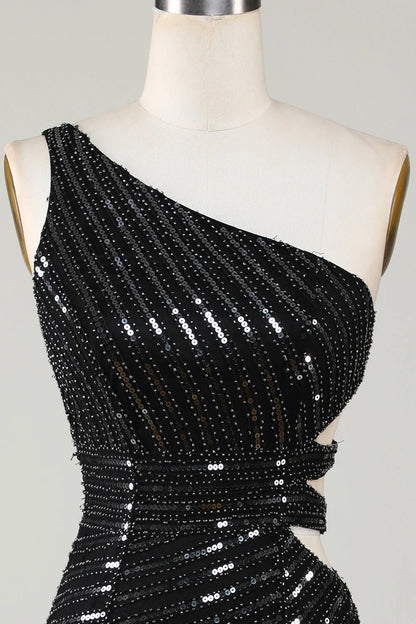 Amzcw Sparkly Bodycon One Shoulder Black Sequins Short Homecoming Dress with Cut Out