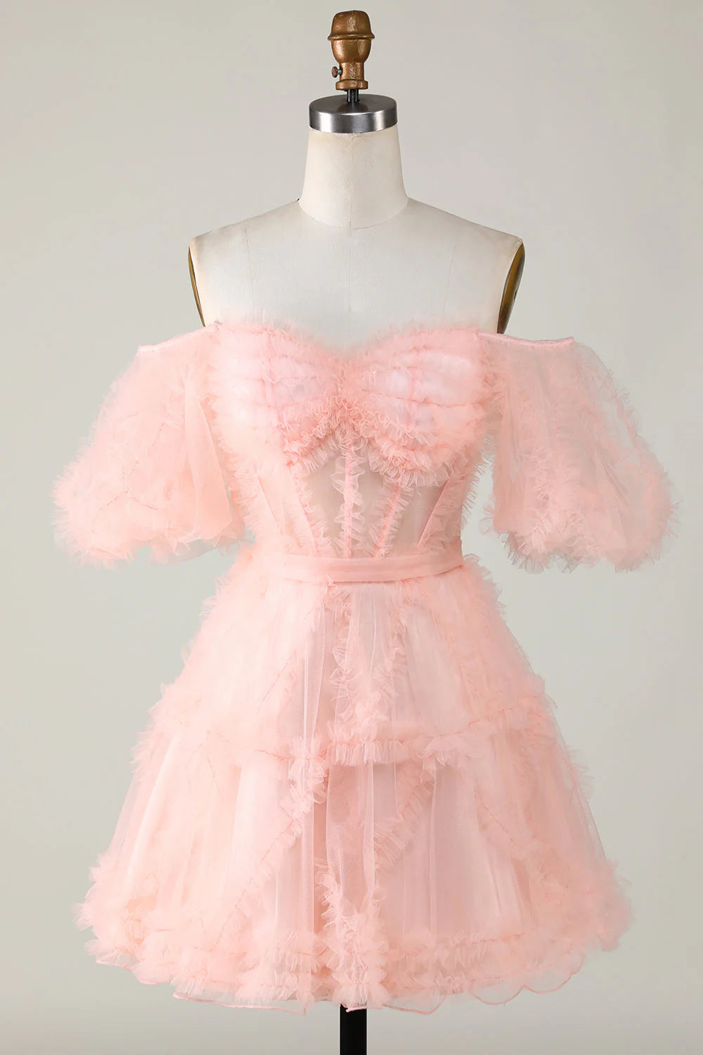 Amzcw Cute Blush A line Tulle Off The Shoulder Short Homecoming Dress