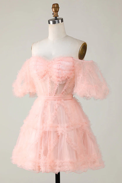 Amzcw Cute Blush A line Tulle Off The Shoulder Short Homecoming Dress