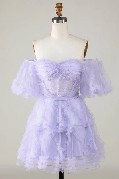 Amzcw Purple Stylish A Line Off the Shoulder Tulle Corset Homecoming Dress