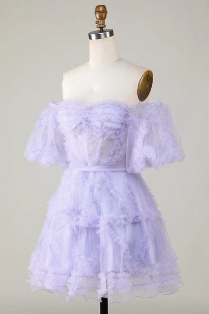 Amzcw Purple Stylish A Line Off the Shoulder Tulle Corset Homecoming Dress