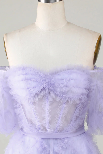 Amzcw Purple Stylish A Line Off the Shoulder Tulle Corset Homecoming Dress