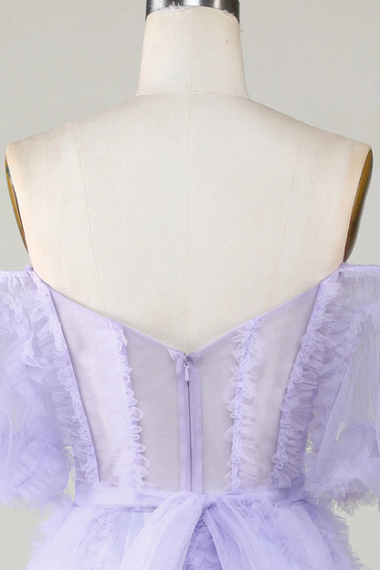 Amzcw Purple Stylish A Line Off the Shoulder Tulle Corset Homecoming Dress