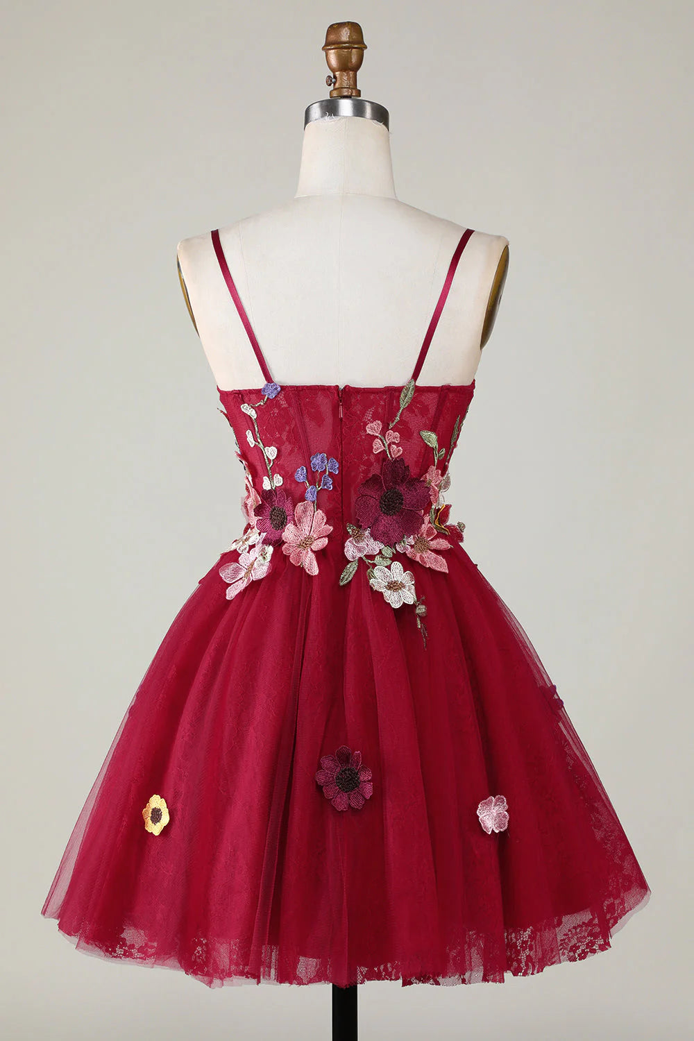 Amzcw Gorgeous A Line Spaghetti Straps Burgundy Short Homecoming Dress with 3D Flowers