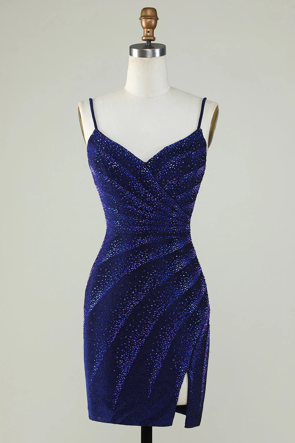 Amzcw Sparkly Sheath Spaghetti Straps Royal Blue Short Homecoming Dress with Beading
