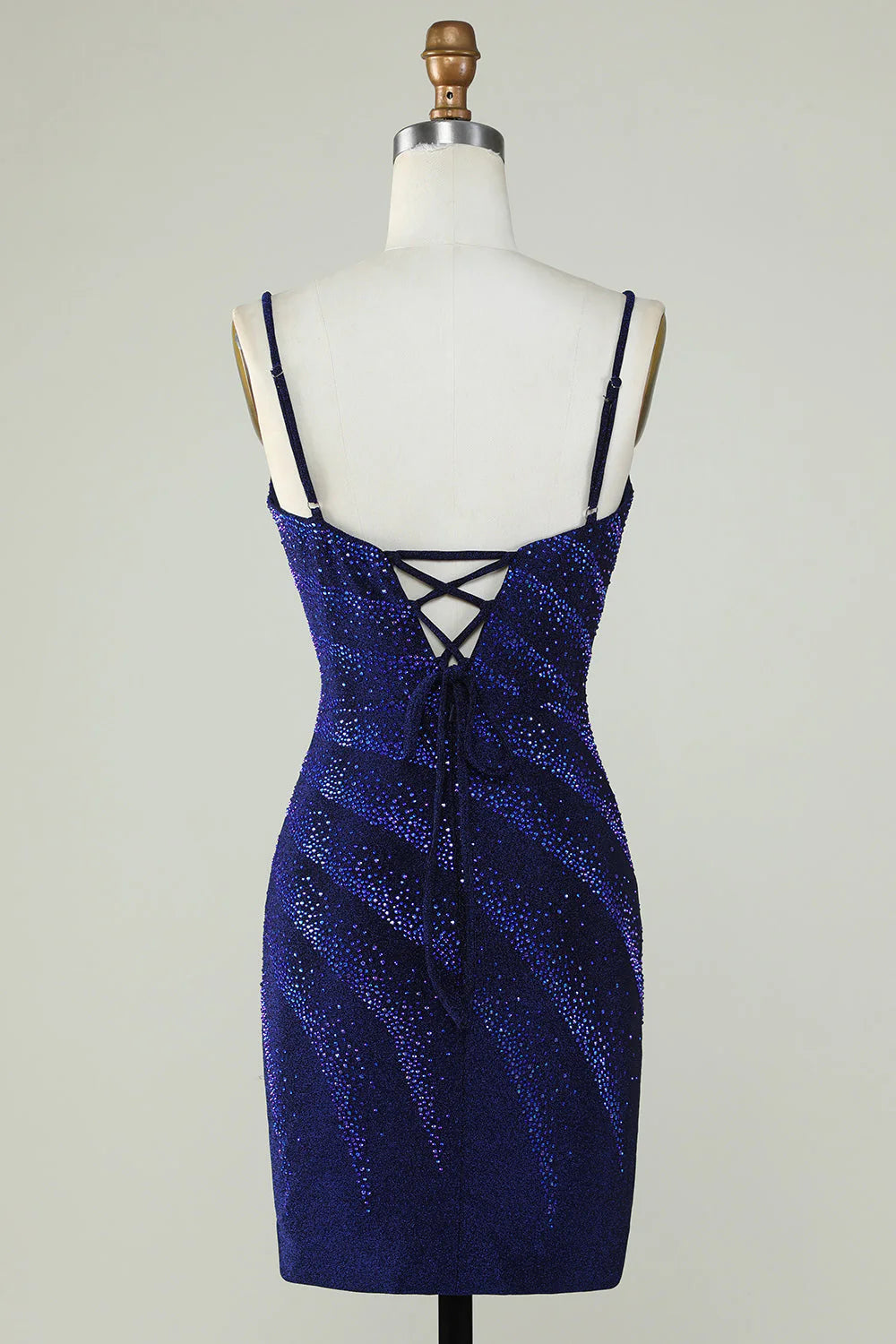 Amzcw Sparkly Sheath Spaghetti Straps Royal Blue Short Homecoming Dress with Beading