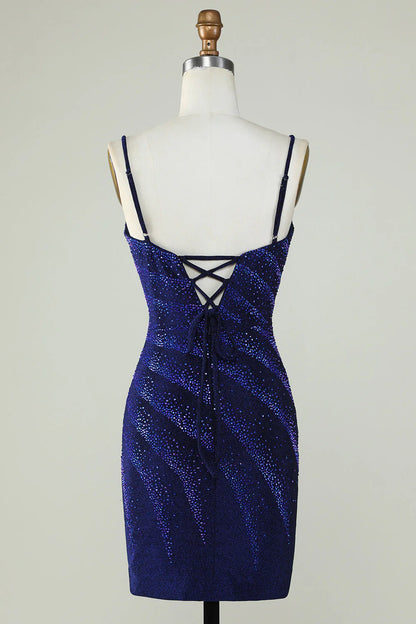 Amzcw Sparkly Sheath Spaghetti Straps Royal Blue Short Homecoming Dress with Beading