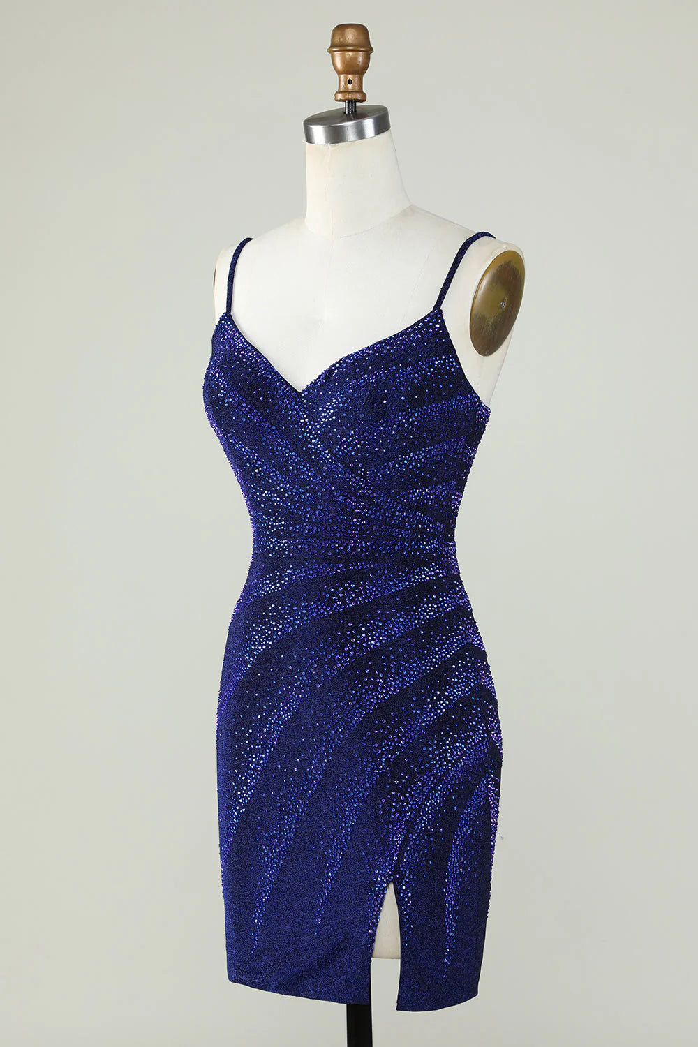 Amzcw Sparkly Sheath Spaghetti Straps Royal Blue Short Homecoming Dress with Beading