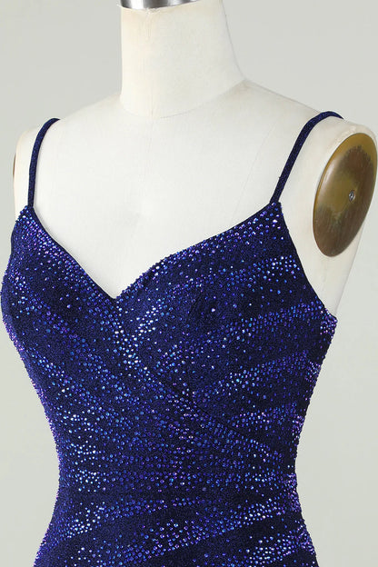 Amzcw Sparkly Sheath Spaghetti Straps Royal Blue Short Homecoming Dress with Beading