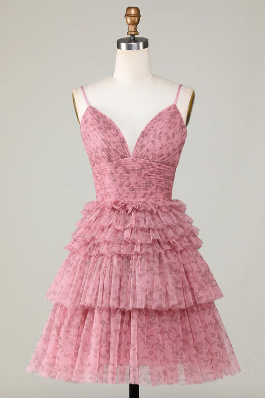 Amzcw Blush Cute A Line Spaghetti Straps Short Homecoming Dress with Ruffles