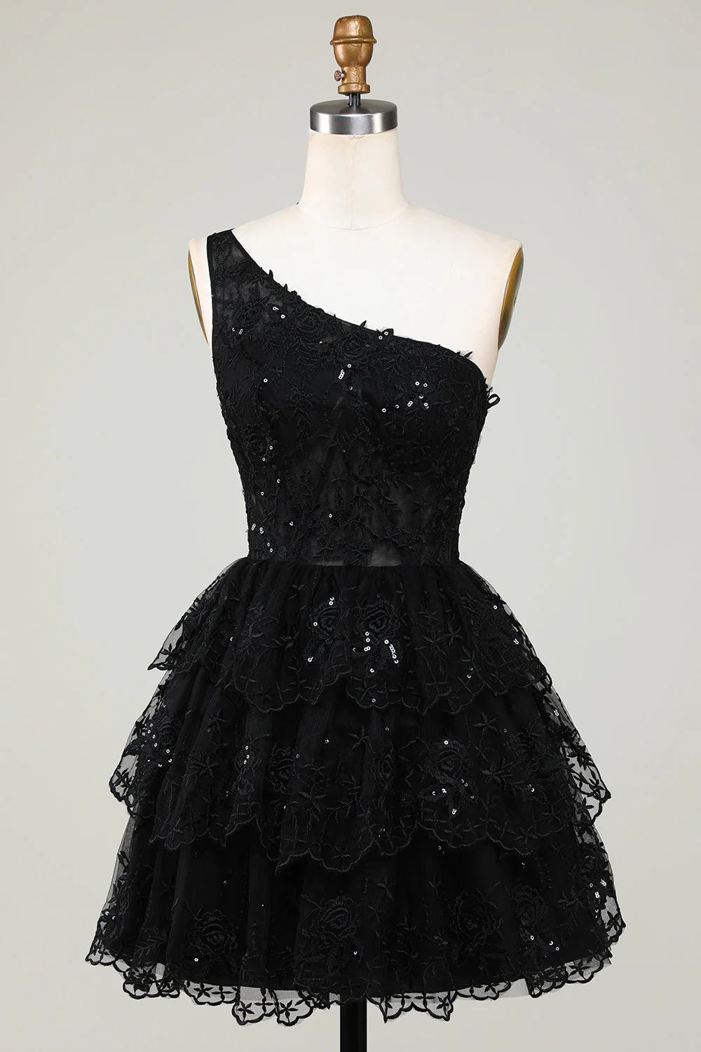 Amzcw Gorgeous Black One Shoulder Tiered Short Homecoming Dress With Appliques