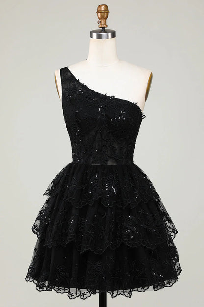 Amzcw Gorgeous Black One Shoulder Tiered Short Homecoming Dress With Appliques