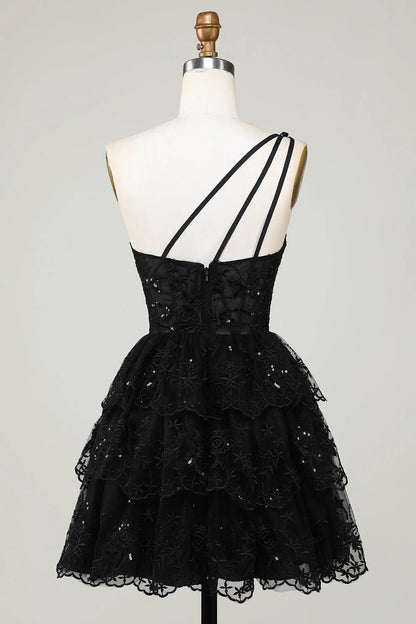 Amzcw Gorgeous Black One Shoulder Tiered Short Homecoming Dress With Appliques