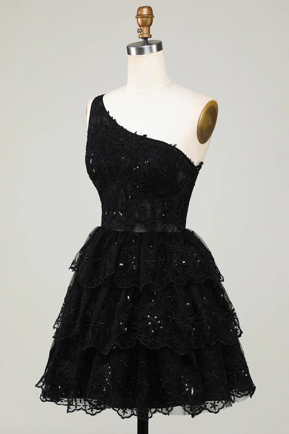 Amzcw Gorgeous Black One Shoulder Tiered Short Homecoming Dress With Appliques