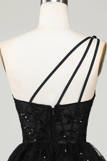 Amzcw Gorgeous Black One Shoulder Tiered Short Homecoming Dress With Appliques