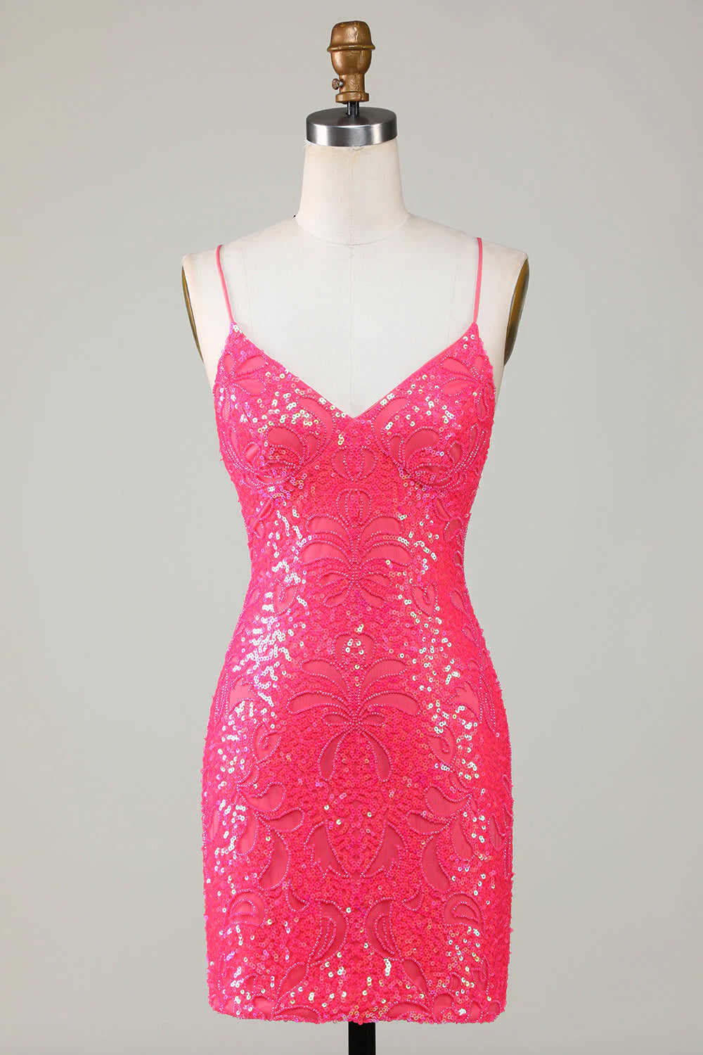 Amzcw Sparkly Fuchsia Spaghetti Straps Beaded Tight Short Homecoming Dress