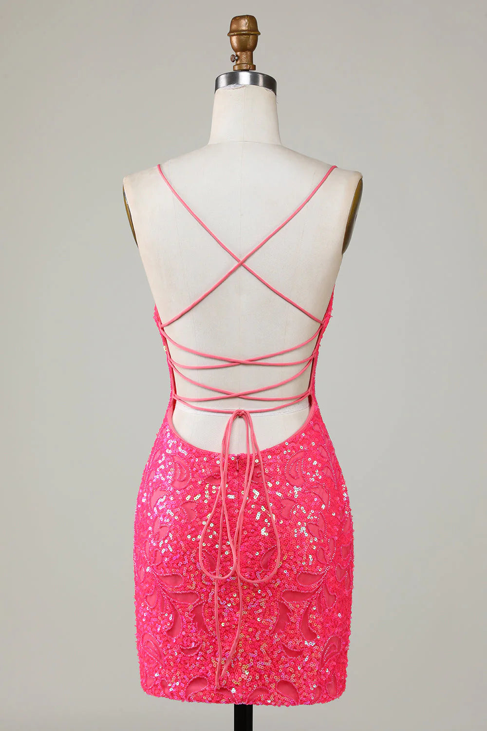 Amzcw Sparkly Fuchsia Spaghetti Straps Beaded Tight Short Homecoming Dress