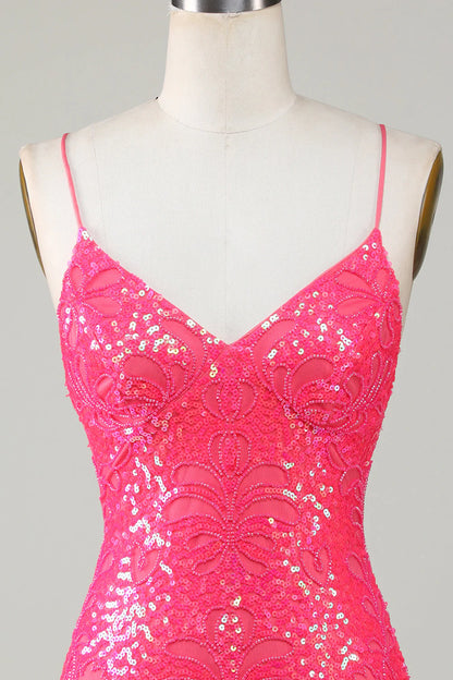 Amzcw Sparkly Fuchsia Spaghetti Straps Beaded Tight Short Homecoming Dress