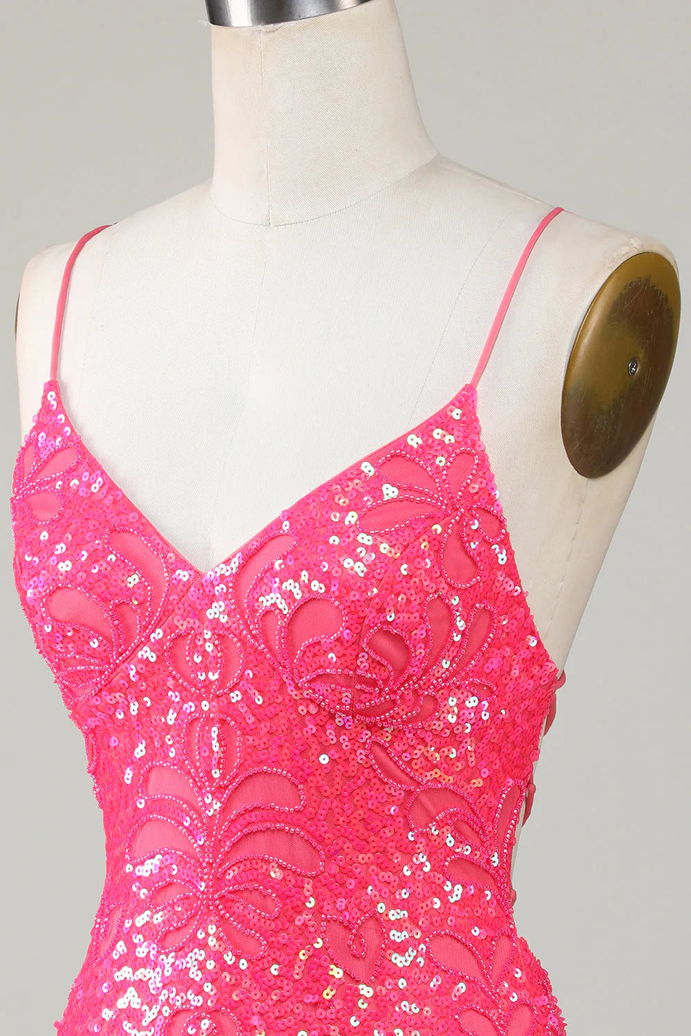 Amzcw Sparkly Fuchsia Spaghetti Straps Beaded Tight Short Homecoming Dress
