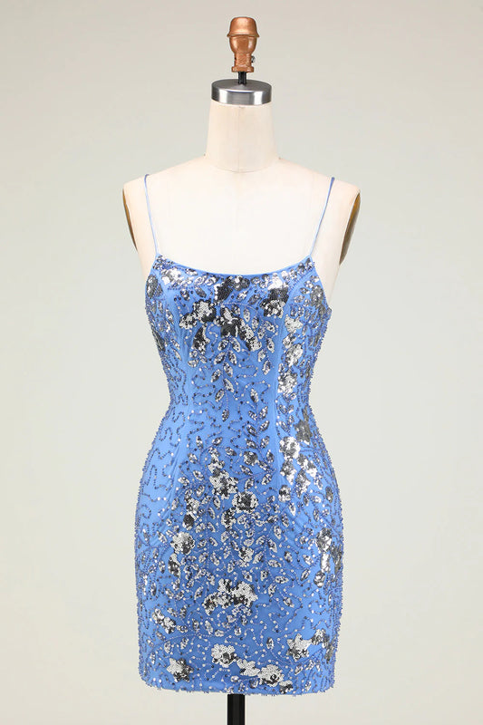 Amzcw Sparkly Sheath Grey Blue Sequins Short Homecoming Dress with Criss Cross Back