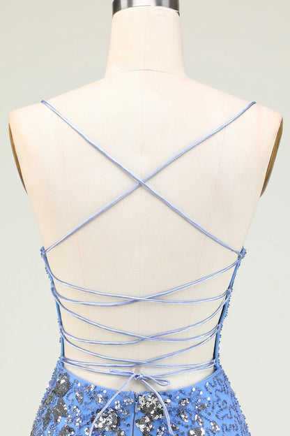 Amzcw Sparkly Sheath Grey Blue Sequins Short Homecoming Dress with Criss Cross Back