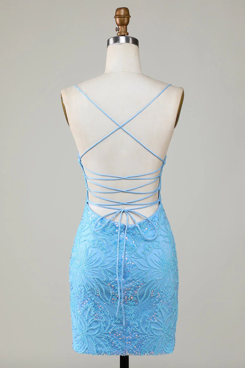 Amzcw Sparkly Blue Spaghetti Straps Tight Short Homecoming Dress With Beading