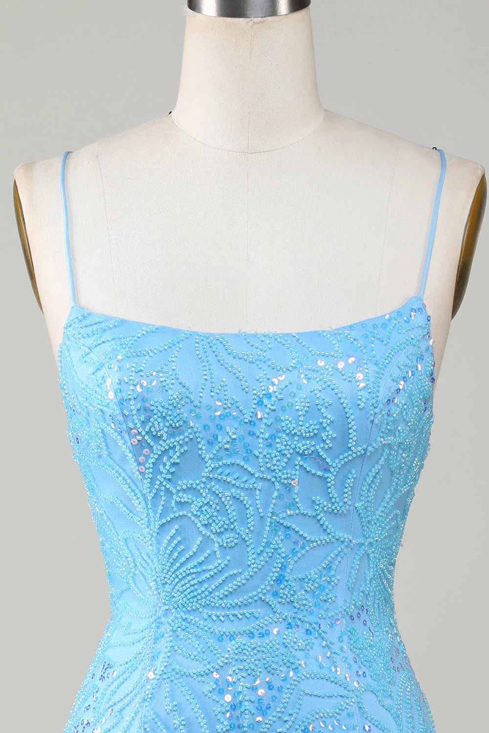 Amzcw Sparkly Blue Spaghetti Straps Tight Short Homecoming Dress With Beading