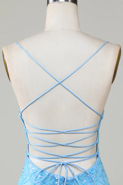 Amzcw Sparkly Blue Spaghetti Straps Tight Short Homecoming Dress With Beading