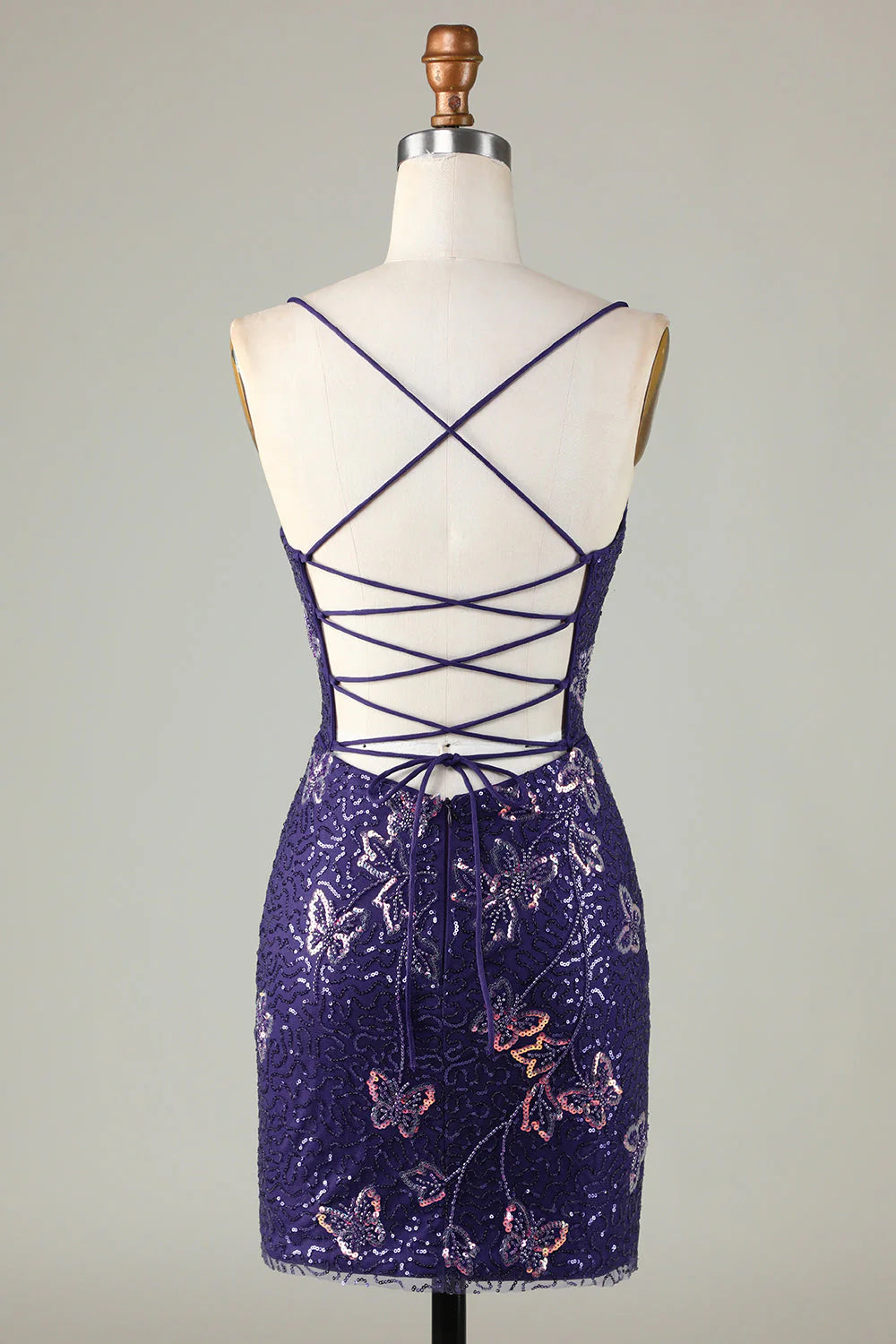 Amzcw Sparkly Dark Purple Sheath Short Homecoming Dress with Criss Cross Back