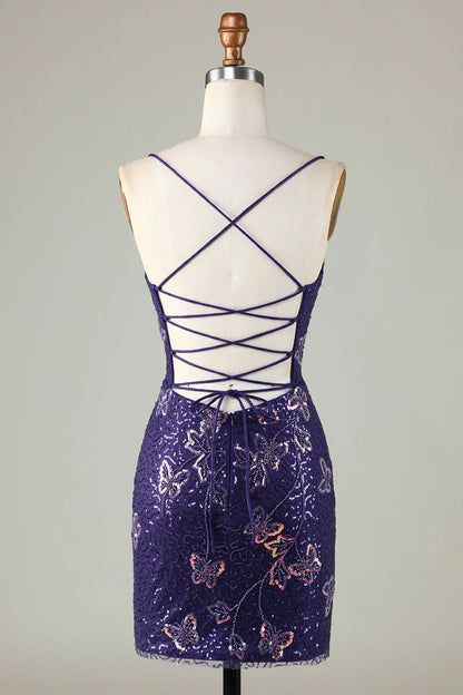 Amzcw Sparkly Dark Purple Sheath Short Homecoming Dress with Criss Cross Back