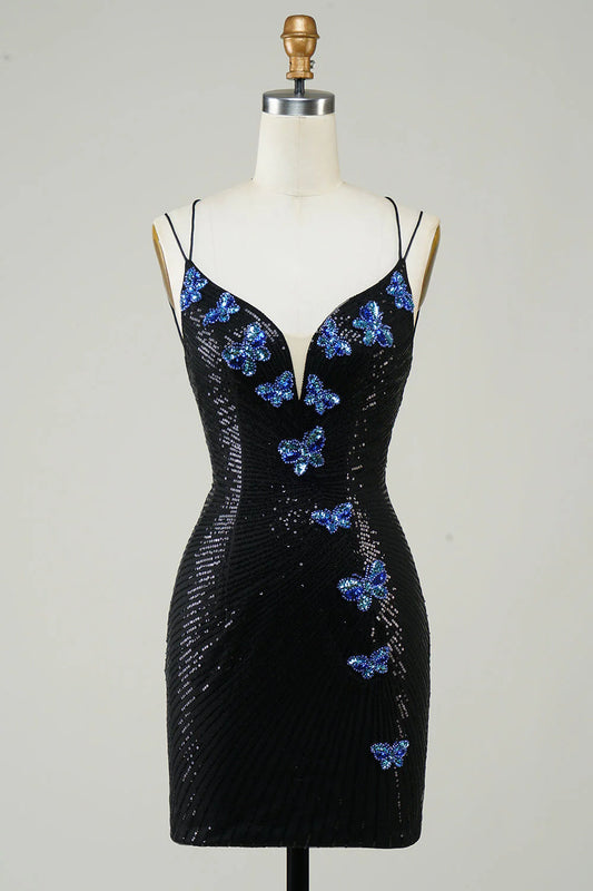 Amzcw Glitter Black Tight Homecoming Dress with Sequins Butterflies
