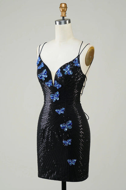Amzcw Glitter Black Tight Homecoming Dress with Sequins Butterflies