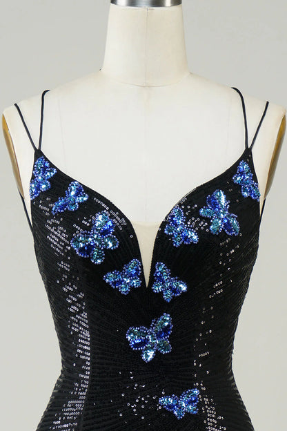 Amzcw Glitter Black Tight Homecoming Dress with Sequins Butterflies