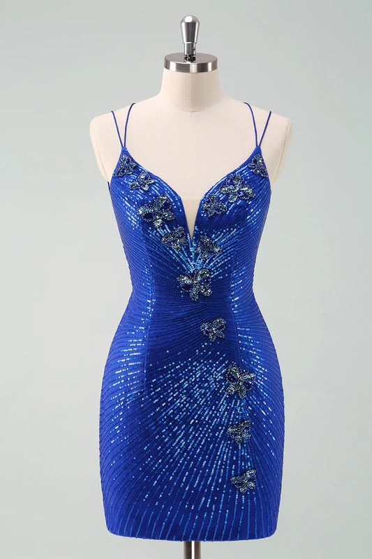 Amzcw Glitter Royal Blue Homecoming Dress with Sequins Butterflies