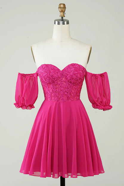 Amzcw Fuchsia A-Line CorsetChiffon Short Homecoming Dress with Lace