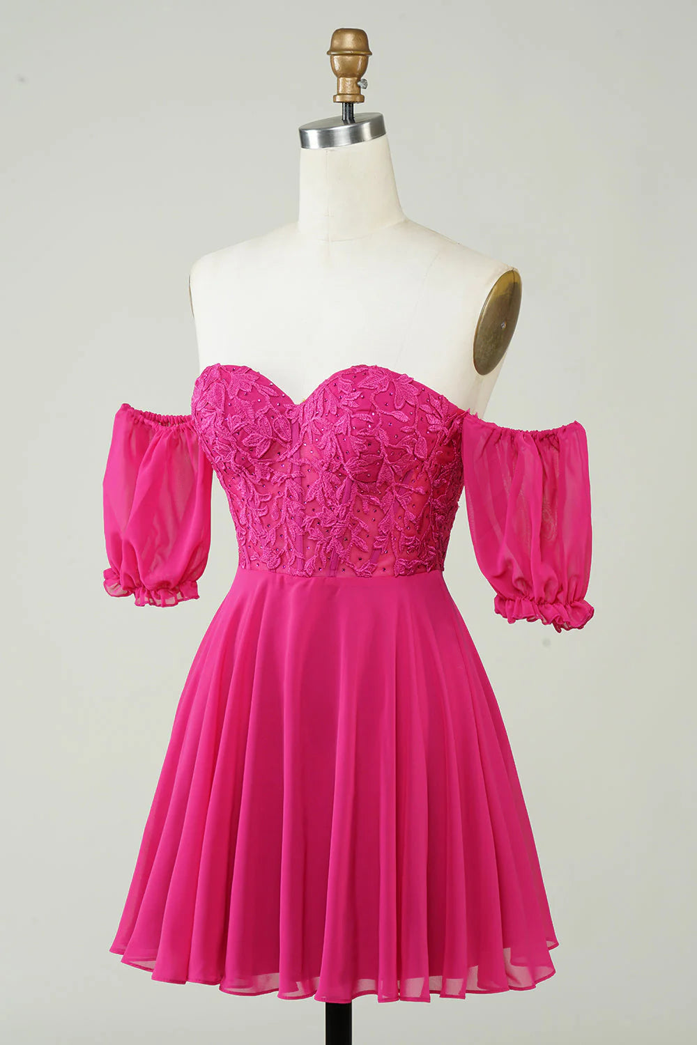 Amzcw Fuchsia A-Line CorsetChiffon Short Homecoming Dress with Lace
