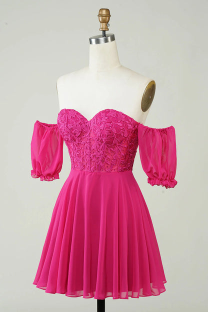 Amzcw Fuchsia A-Line CorsetChiffon Short Homecoming Dress with Lace