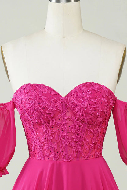 Amzcw Fuchsia A-Line CorsetChiffon Short Homecoming Dress with Lace